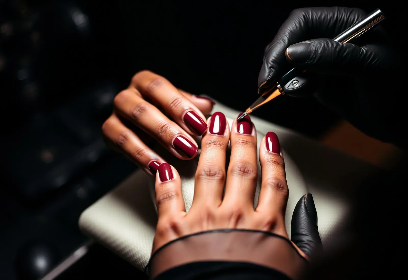 Burgundy gel manicure at the Velvet Edge nail studio in Centurion