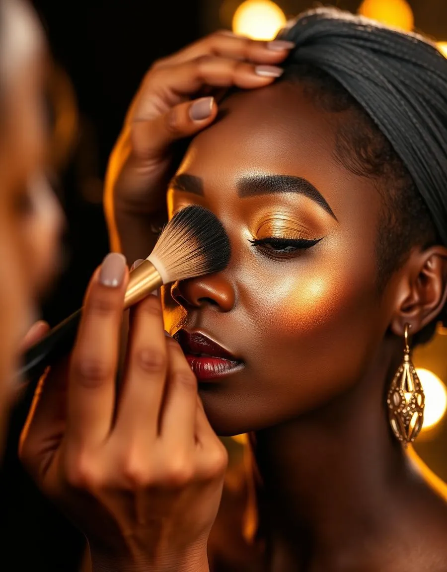 Golden highlighter makeup application at the Velvet Edge beauty studio