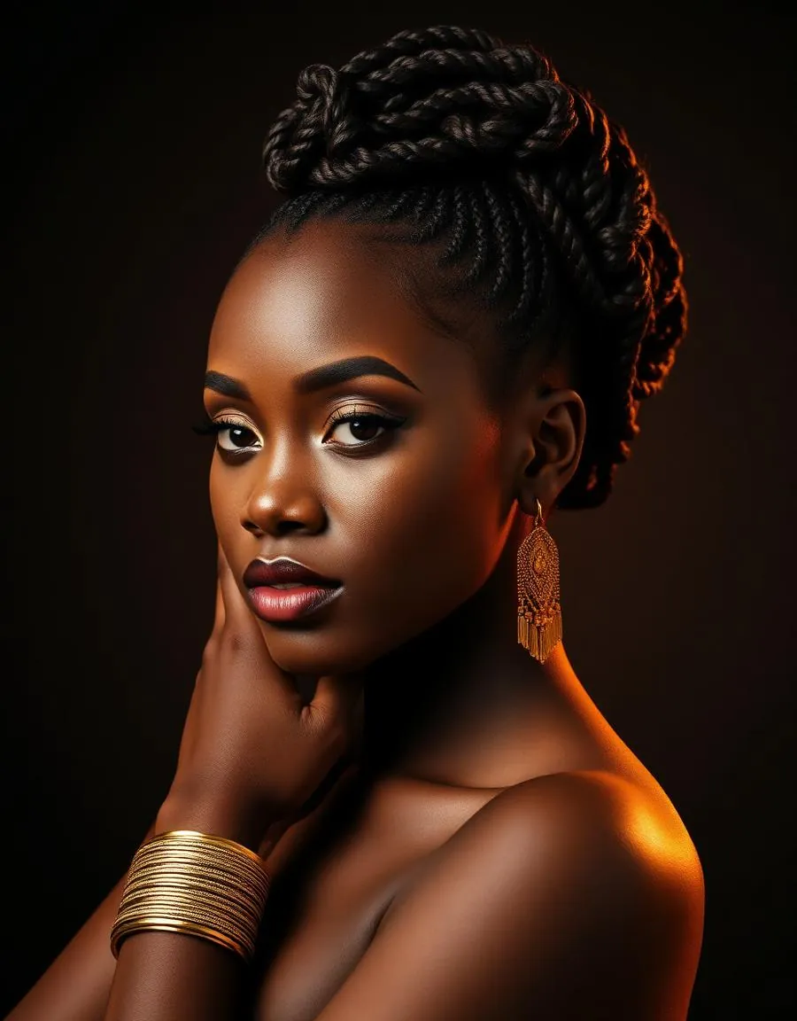 Intricate cornrow crown hairstyle with gold cuffs by Velvet Edge stylists, Centurion
