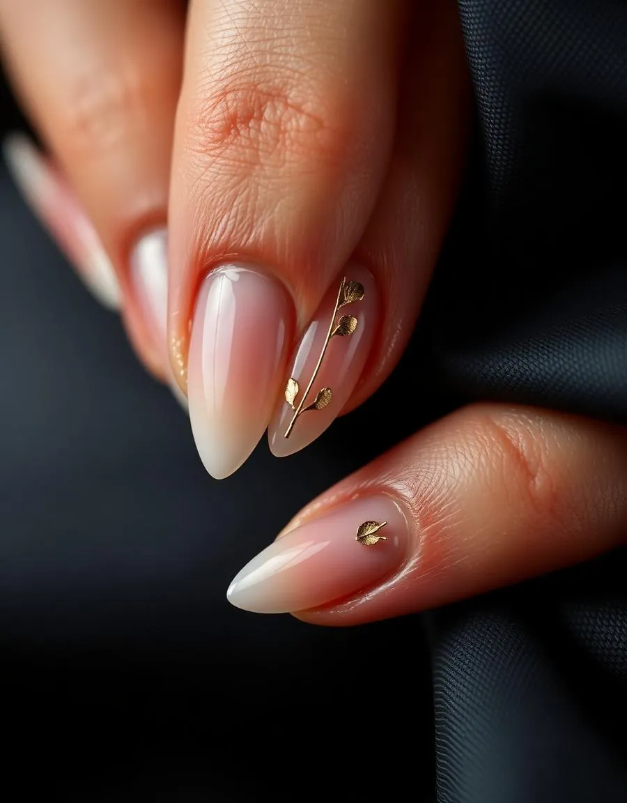 Gold-leaf nail art on almond nails by the Velvet Edge nail studio in Centurion