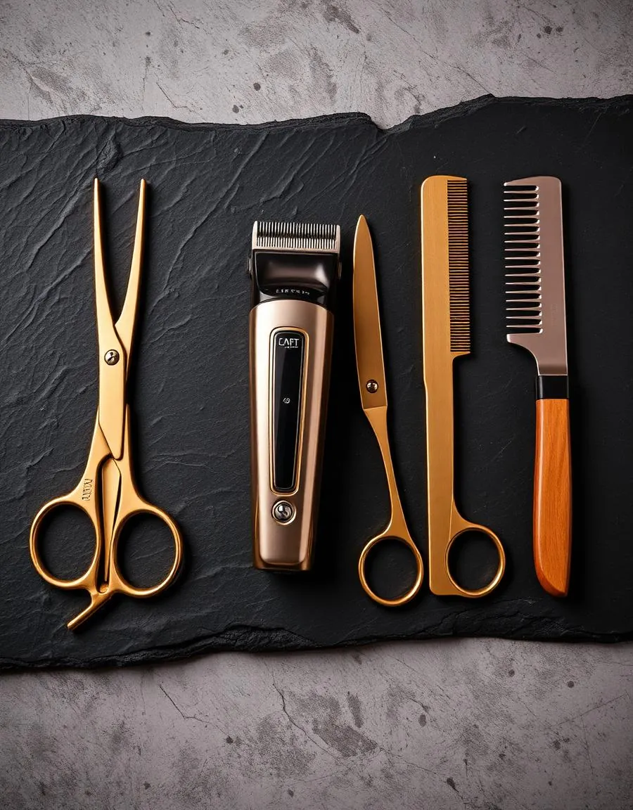 Premium gold barber tools laid out at Velvet Edge Salon & Barbershop